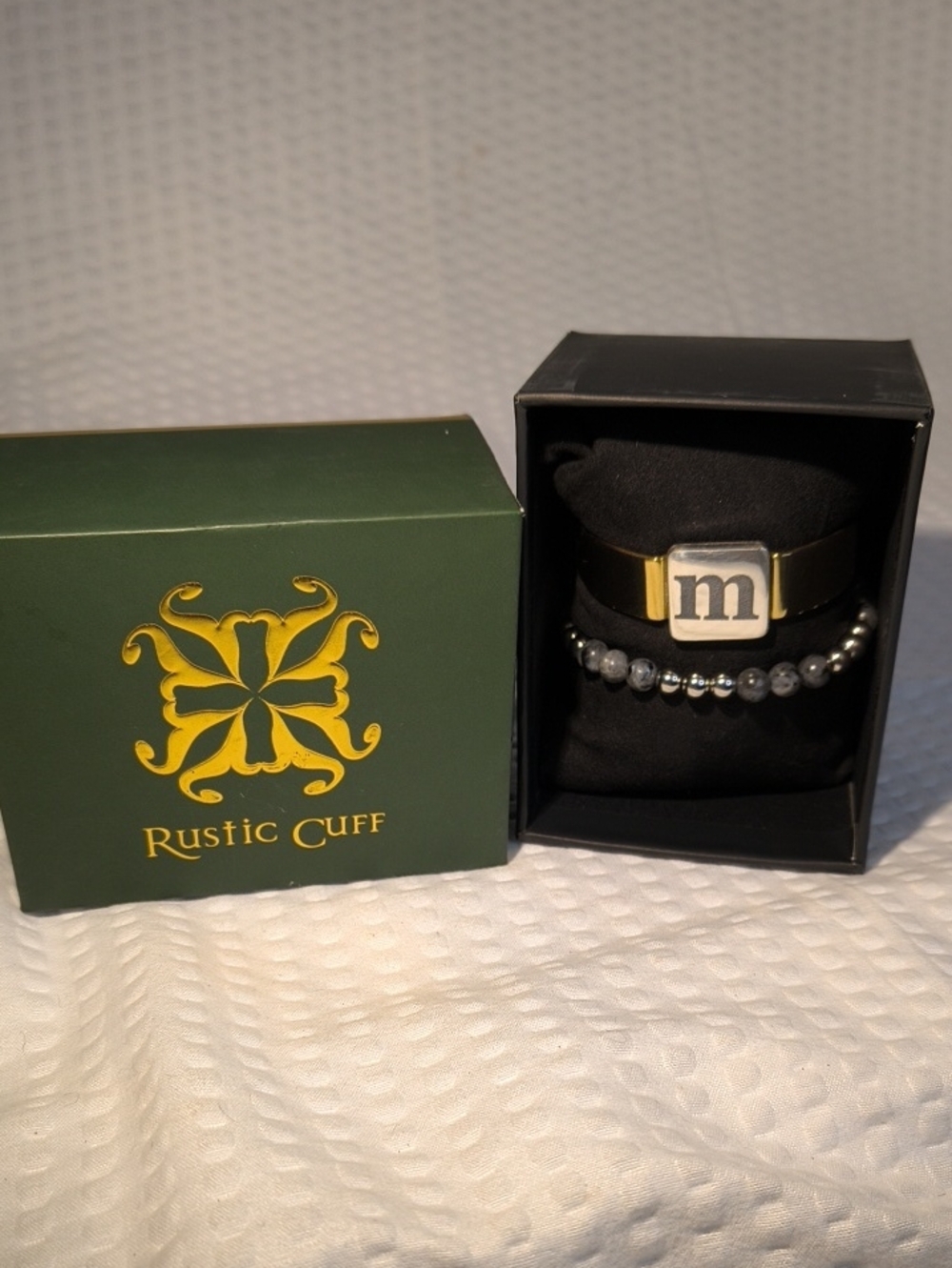 Rustic Cuff Gold-Tone Women's s Cuff with 'M' Initial and Hematite Bead Bracelet